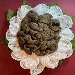 NEW Handmade Burlap Ribbon and Deco Zinnia Flower Wreath